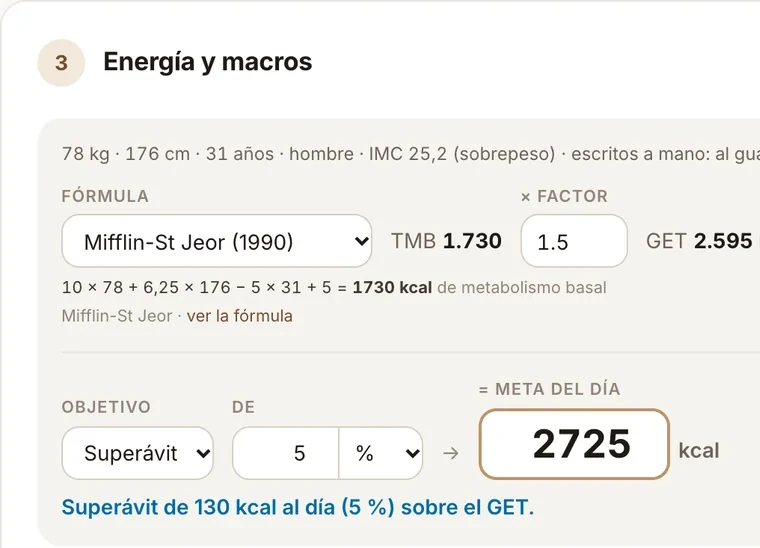 Lo que pones tú: energía y macros en el panel, con la fórmula a la vista y una meta de 2.725 kcal.
