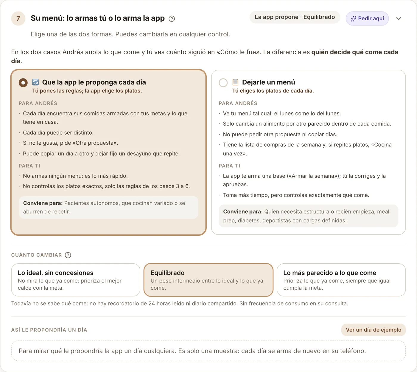 Paso 7, su menú: dos tarjetas para elegir entre que la app le proponga cada día o dejarle un menú, con lo que implica cada una para el paciente y para el nutricionista.