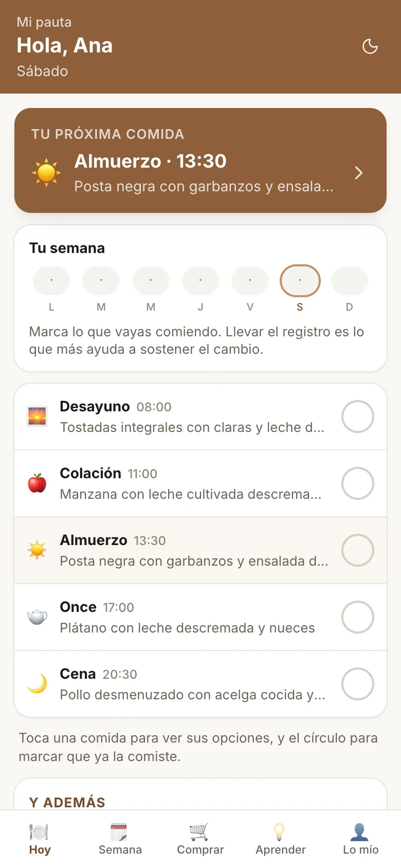 Mi pauta: tu próxima comida, almuerzo a las 13:30, posta negra con garbanzos, y las cinco comidas del día para marcar.