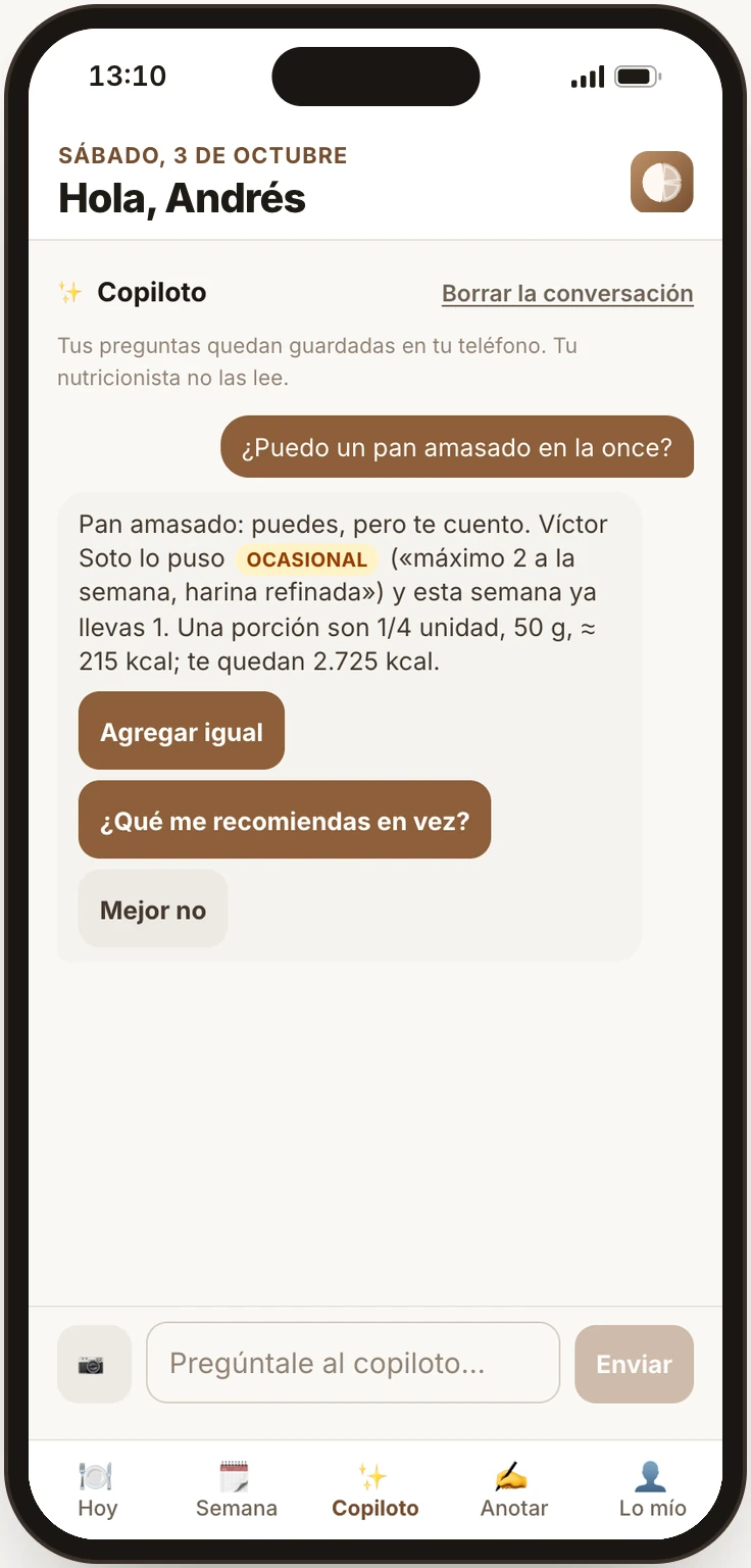¿Puedo un pan amasado en la once? Puedes, pero te cuento: lo puso ocasional, máximo 2 a la semana, y esta semana ya llevas 1. Con Agregar igual, ¿Qué me recomiendas en vez? y Mejor no.