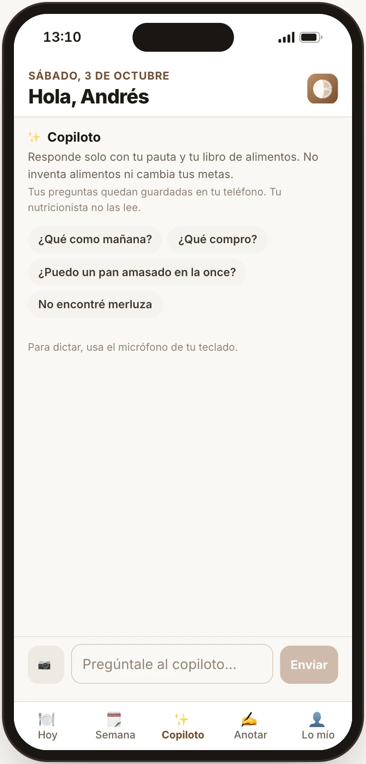 El copiloto vacío: responde solo con tu pauta y tu libro de alimentos, con ejemplos como ¿Qué como mañana?, ¿Qué compro? y No encontré merluza.